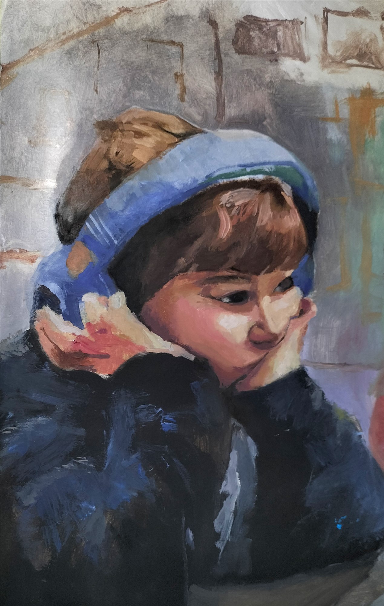 Pintura de un niño con gorra azul apoyando el rostro sobre una mano